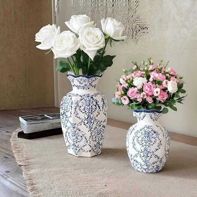 Chinoiserie Vase,6 inch Blue and White Vase,Vintage Ceramic Vases,Flower Vase for Centerpiece,Chinese Cute Vases for Living Room, Office,Home Decor (Blue White, Small)