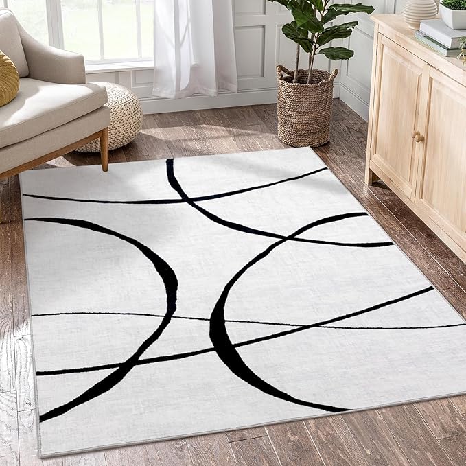 YIHOUSE 5x7 Washable Living Room Rug - Modern Abstract Black and White Area Rug Non-Slip for Bedroom Home Office (Curve, 5'x7'ft)