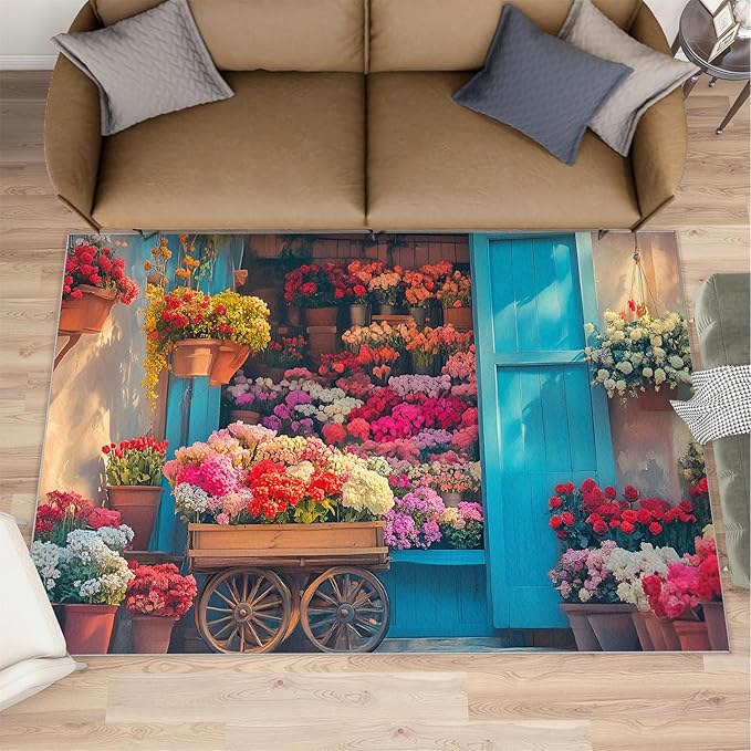 Pastoral Flowers 3x4 Area Rug Colorful Flower Shop Washable Rugs for Living Room Bedroom, Retro Wooden Door Soft Low Pile Non Slip Accent Floor Mat Print Throw Rug Indoor Carpet Dining Room Playroom