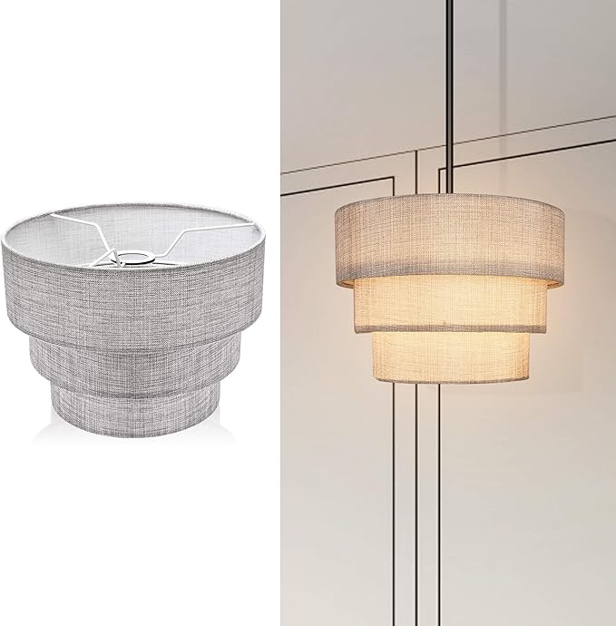 EDISLIVE 3-tier Drum Linen Lamp Shade for Pendant Lamp Floor Lamp Chandelier Replacement Shade Clip on Bulb Classic Round Lampshade Cover Only