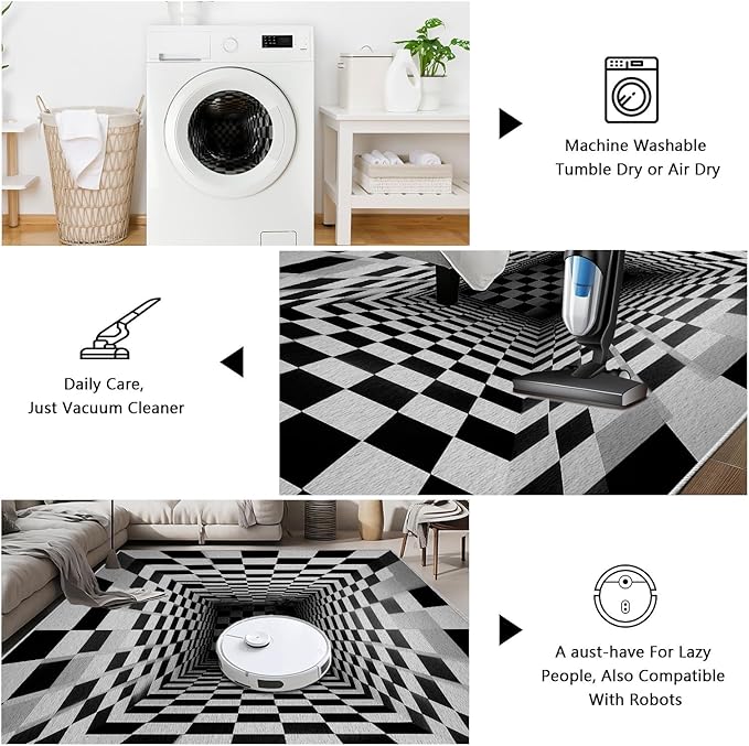 Optical Illusion Rug - Black and White Rug for Living Room, Soft Ultra Soft Faux Wool 6x8 Area Rugs Floor Mats, Non Slip&Non-Shedding Low Pile Checkered Washable Rugs, Abstract Geometric Carpet