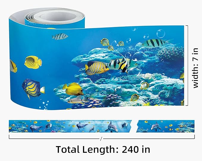 FLFK Peel and Stick Wallpaper Border Wall Decals for Kids Room - Under The Sea Fish Stickers Murals, 7" x 240" (Blue)