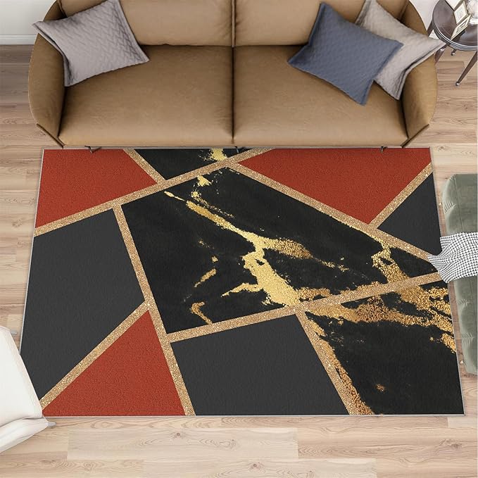 Black Gold Marble Area Rug Modern Abstract Marble Rug Polygonal Geometric Patchwork Carpet 3D Light Luxury Geometric Line Carpet for Living Room Playroom 8x10ft