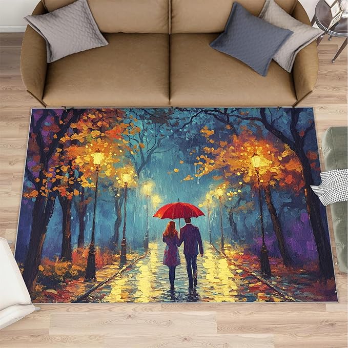 London Streets Washable Rugs 3x4 Rug for Living Room, Rainy Night Oil Painting 3x4 Rug Autumn Landscape Low-Pile Carpet for Bedroom Dining Non Slip Mat with Rubber Back