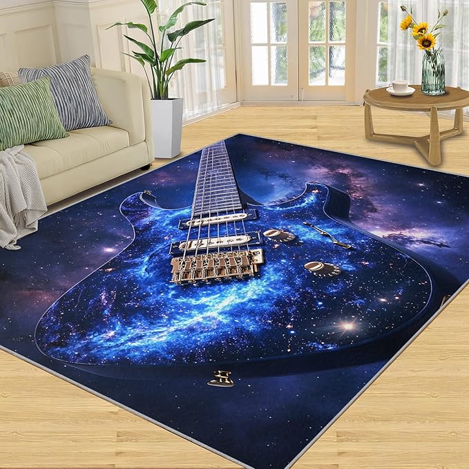 Guitar 5x8 Area Rugs for Living Room -Musical Instruments Washable Rug Starry Sky Non-Slip Carpet Indoor Floor Stain Resistant Thin Carpets for Bedroom Dining Room Home Office