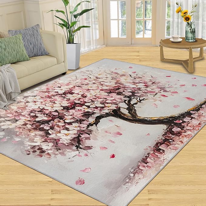 Graffiti Tree Washable Rugs 2x3 Rug for Living Room, Pink Petals 2x3 Rug Oil Painting Art Low-Pile Carpet for Bedroom Dining Non Slip Mat with Rubber Back