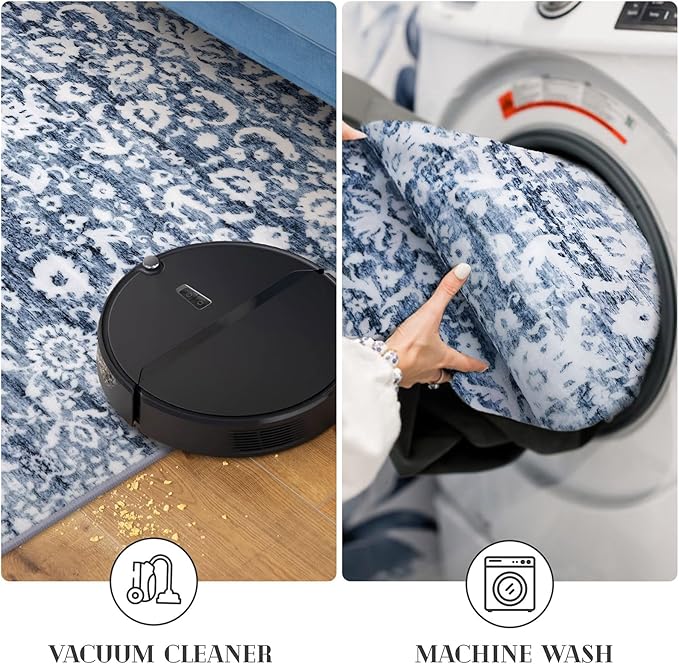 Runner Rug 2x10, Light Blue White Washable Long Hallway Rug Runner Non-Slip Soft Kitchen Runner Thin Printed Faux Wool Super Soft Carpet for Entryway Bedroom Laundry Room Indoor Home Decor