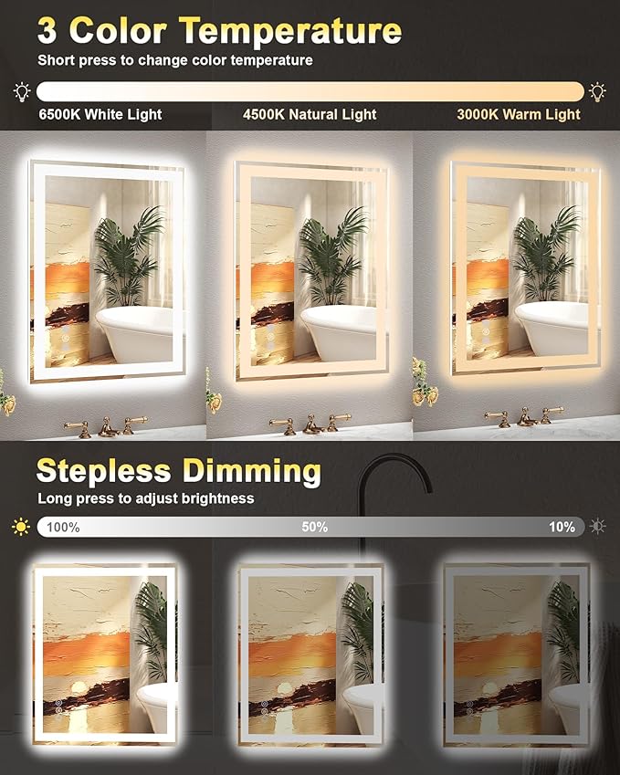 36"x 36" LED Bathroom Mirror, 3 Colors Vanity Mirror with Lights, Front and Backlit Bathroom Mirror with Lights, LED Smart Mirror for Wall, Tempered Glass, Anti-Fog, Stepless Dimmable, Memory(ETL)