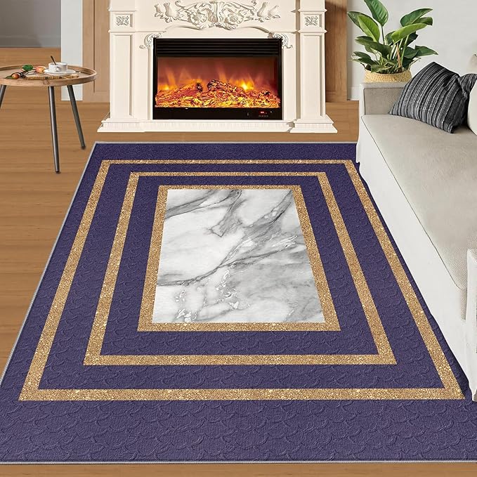 Retro Marble Rug Purple Marble Area Rug Gilded Light Luxury Geometric Carpet Rectangular Striped Geometric Rugs for Bedroom Dining Room 7x10ft