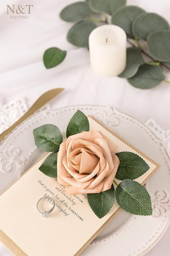 N&T NIETING Artificial Flowers, 50pcs Foam Roses Fake Brown Flowers for DIY Wedding Bouquet Party Baby Shower Decoration Home Display,Dusty Brown