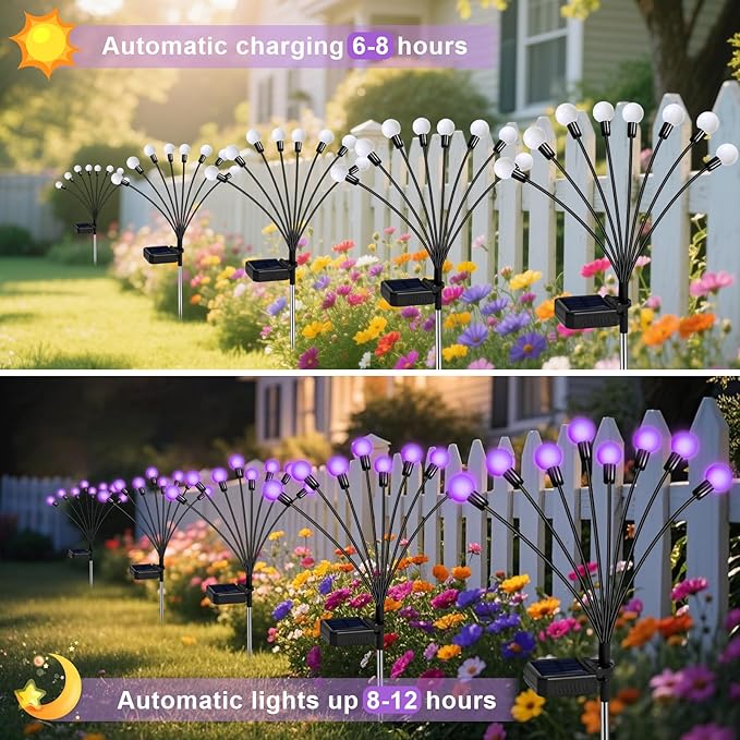Solar Garden Lights 16 LEDs, Purple, 2 Pack 8 Heads, Outdoor Waterproof, Swaying Firefly Lights for Yard, Patio, Pathway, Lawn Decorations