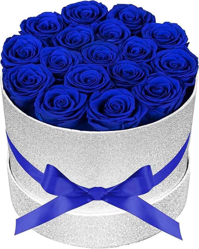 17 Blue Flowers in Glitter Box, Birthday Gifts for Women, Preserved Flowers, Mothers Day Roses Gift for Mom
