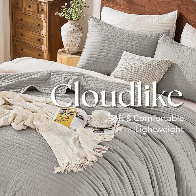 DOWN HOME Twin Quilt Bedding Set with Sham, Vintage Washed Soft Quilted Blanket Thin Comforter Lightweight Bedspread Coverlet Bed Cover, Brushed Microfiber Stripe Stitching, Light Gray, 66"x92"