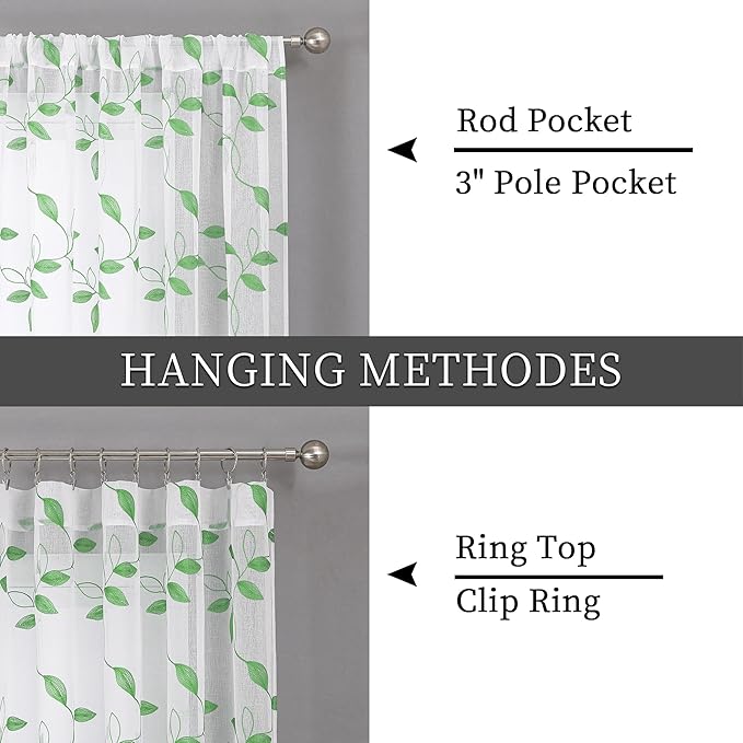 Tollpiz Green Leaf Sheer Curtain Leaves Embroidered Bedroom Short Curtains Rod Pocket Voile Window Treatments for Living Room, 38 x 45 inches Long, Set of 2 Panels