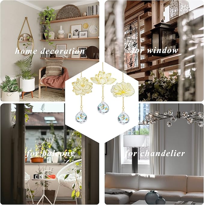H&D HYALINE & DORA Suncatchers Lotus Leaf Pendant with Crystal Prisms Window Hang Sun Catcher Ornament Rainbow Maker for Home Garden Rearview Mirror Charms, Pack of 3