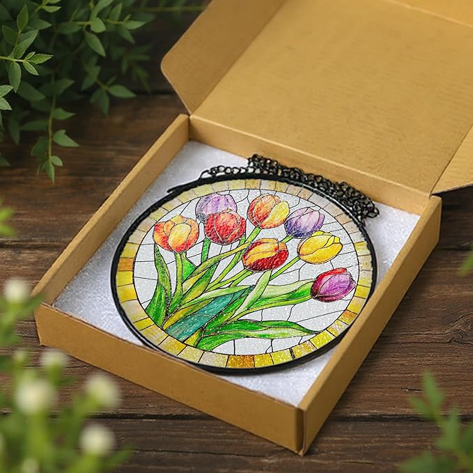 Stained Glass Window Hanging, 8 Inch Tulips Stained Glass Suncatcher, Botanical Lover Gift, Flowers Sun Catcher, Colorful Window Decor, Tulips Housewarming Gifts, Gifts for Mom Her