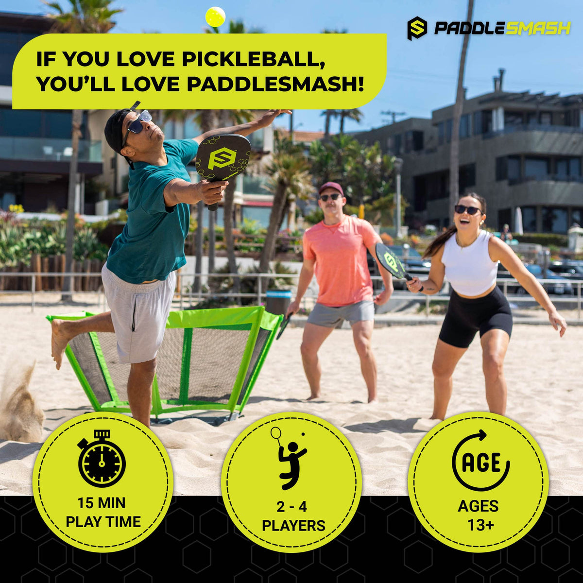 PaddleSmash - Pickleball Yard Game, As Seen on Shark Tank - Beach, Backyard, Lawn, Outdoor Activities for Adults and Family - Easy Assembly, Includes 4 Paddles, 2 Balls & Case