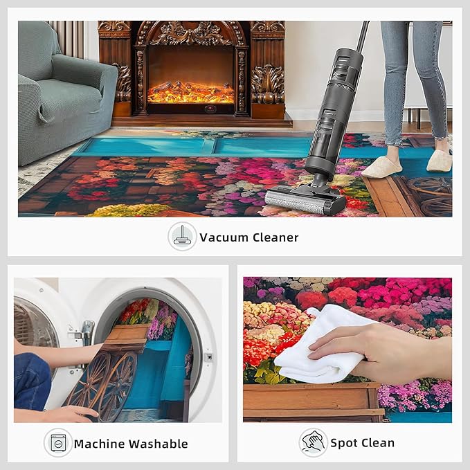 Pastoral Flowers 2x3 Area Rug Colorful Flower Shop Washable Rugs for Living Room Bedroom, Retro Wooden Door Soft Low Pile Non Slip Accent Floor Mat Print Throw Rug Indoor Carpet Dining Room Playroom