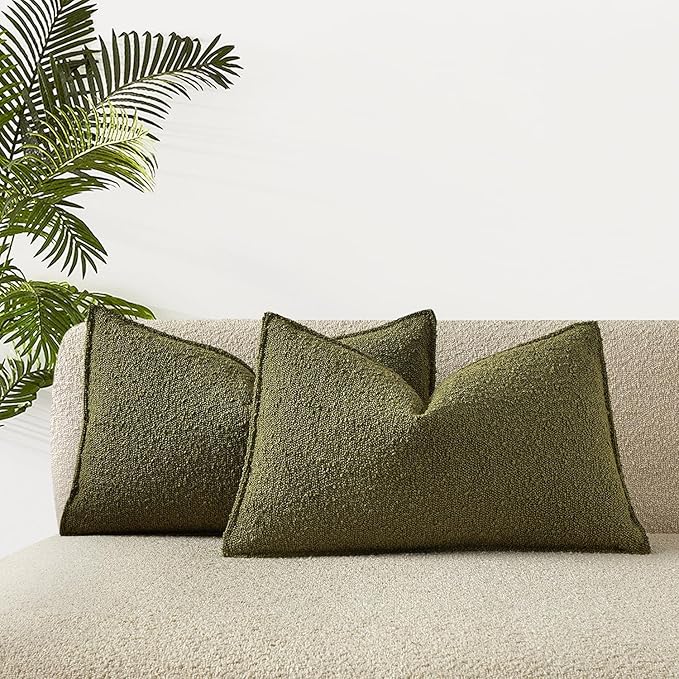 JUSPURBET 16x24 Pillow Covers Set of 2 Decorative Throw Pillow Covers Case for Couch Sofa Bed Soft Boucle Textured Lumbar Cushion Covers with Hidden Zipper for Home Decor Living Room,Olive Green