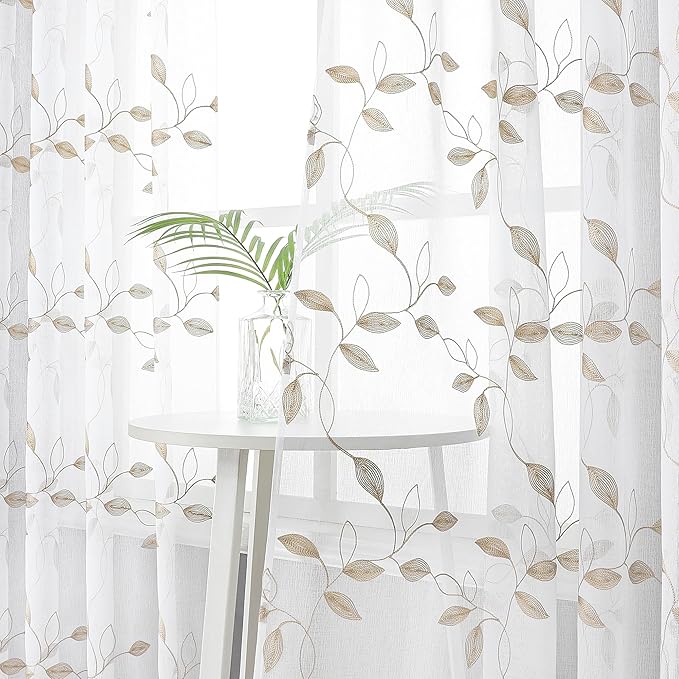 Tollpiz Taupe Leaf Sheer Curtain Leaves Embroidered Living Room Curtains Rod Pocket Voile Window Treatment for Bedroom, 54 x 72 inches Long, Set of 2 Panels