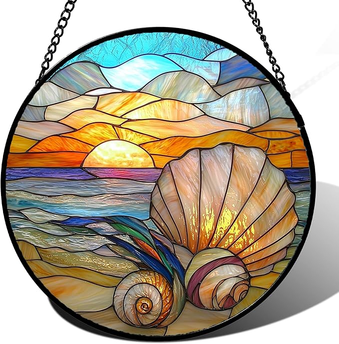 Stained Glass Window Hanging - Colorful Beach Shells Conch Sun Catcher for Door Home Decor Ocean Suncatcher Christmas Mother's Day Birthday Sea Lover Gifts for Women Men Mom Nana 9.8 in