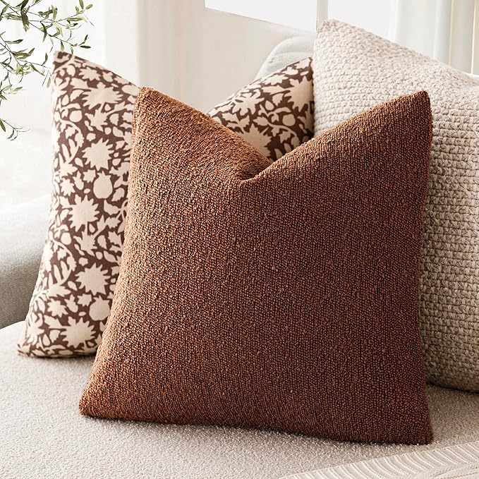 Foindtower Decorative Textured Boucle Throw Pillow Covers Accent Solid Pillow Cases Neutral Soft Cozy Couch Cushion Case for Chair Sofa Bedroom Living Room Home Decor 16x16 Inch,1PC,Red Taupe