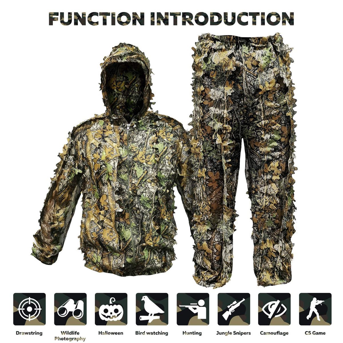 Ghillie Suit Outdoor Leafy Suit for Hunting Super Lightweight Hooded Camouflage Including Clothes Gloves Face Mask and Bag