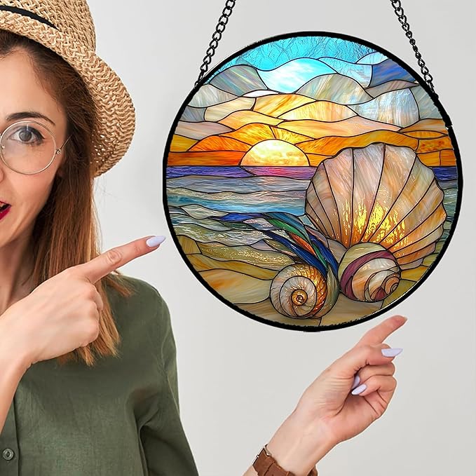 Stained Glass Window Hanging - Colorful Beach Shells Conch Sun Catcher for Door Home Decor Ocean Suncatcher Christmas Mother's Day Birthday Sea Lover Gifts for Women Men Mom Nana 11.8 in