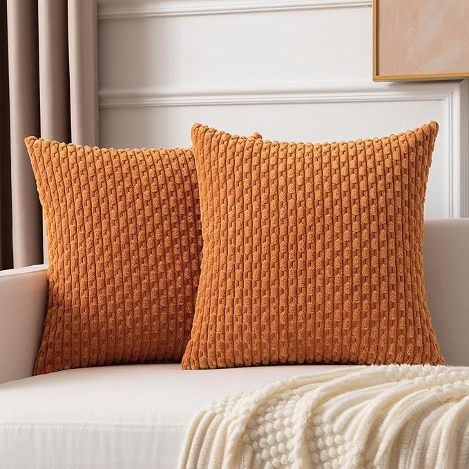 Kevin Textile Fall Throw Pillow Covers Soft Corduroy Decorative Set of 2 Boho Striped Pillow Covers Pillowcases Farmhouse Home Decor for Couch Bed Sofa Living Room 24x24 Inch Orange Yellow