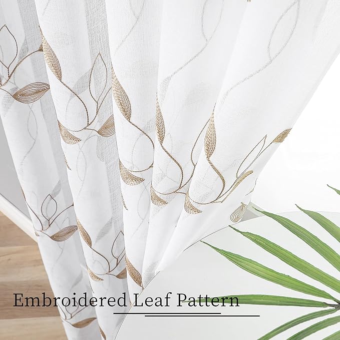 Tollpiz Taupe Leaf Sheer Curtains Leaves Embroidered Living Room Curtain Rod Pocket Voile Window Treatments for Bedroom, 54 x 63 inches Long, Set of 2 Panels