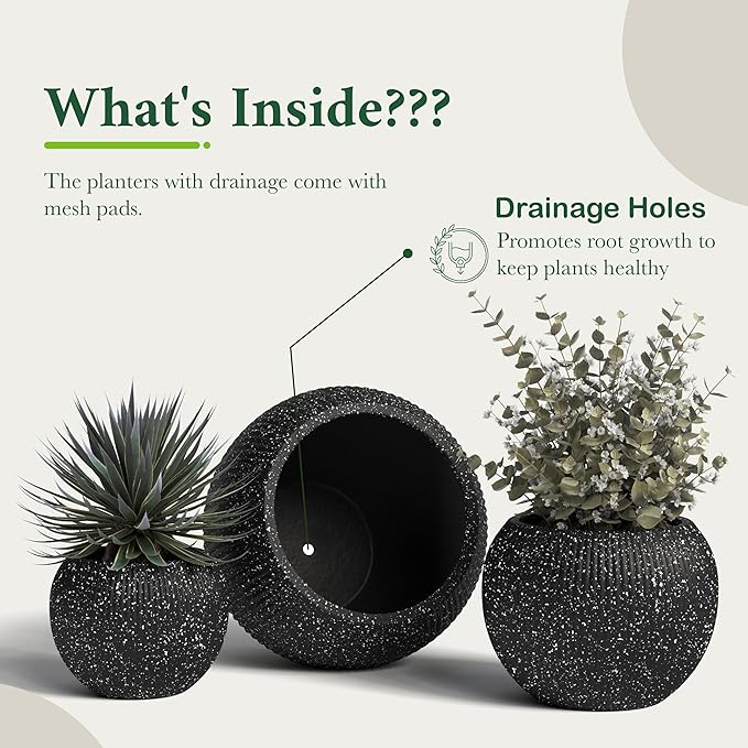 DTY Signature Mount Sherman Modern Indoor Outdoor Fiberstone Sphere Planter, Durable Round Garden Pot, Weather Resistant, Drainage Hole & Rubber Plug (Ribbed Black, Medium)