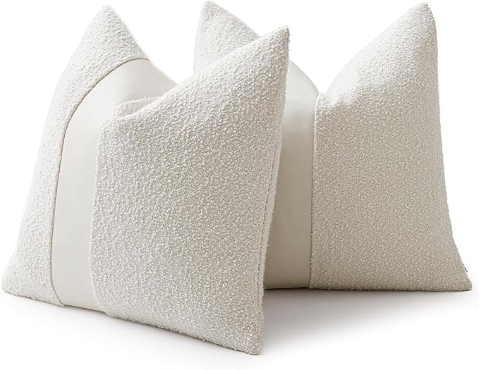 24"x24" White Boucle Pillow Covers with Faux Leather Accents Set of 2 Fluffy Textured Decorative Throw Pillow Cases for Couch Bed Boho Farmhouse Square Cushion Covers for Home Décor