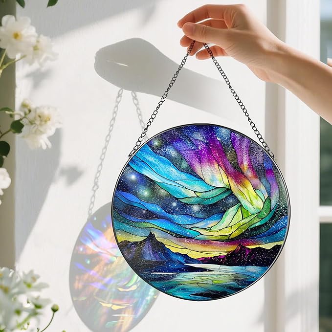 Stained Glass Window Hanging - 8 Inch Aurora Borealis Suncatcher for Window Doors Home Decoration, Valentine's Day Mother's Day Christmas Birthday Gifts for Women, Men, and Mom Grandma