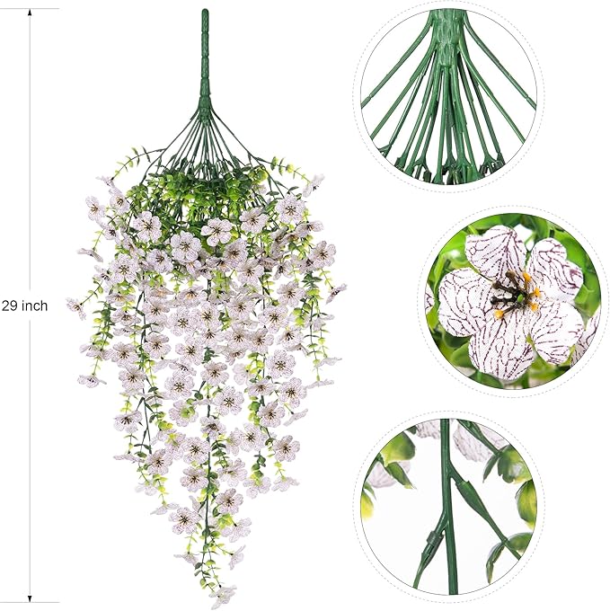Artificial Hanging Flowers for Outdoors Faux Plants Decoration, 2 Packs Fake Silk Daisy Flower Realistic Outdoor Flowers UV Resistant Porch Patio Window Yard Outside Decor(White)