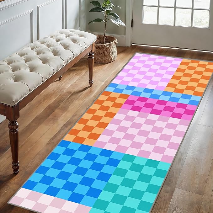 Multicolored Checkerboard Grid Runner for Entryway, 2x10ft, Boho Colorful Checkered Pattern Kids Playing Mat, Cozy Soft Absorbent Reduce Noise Rugs, Durable Washable Carpet for Family