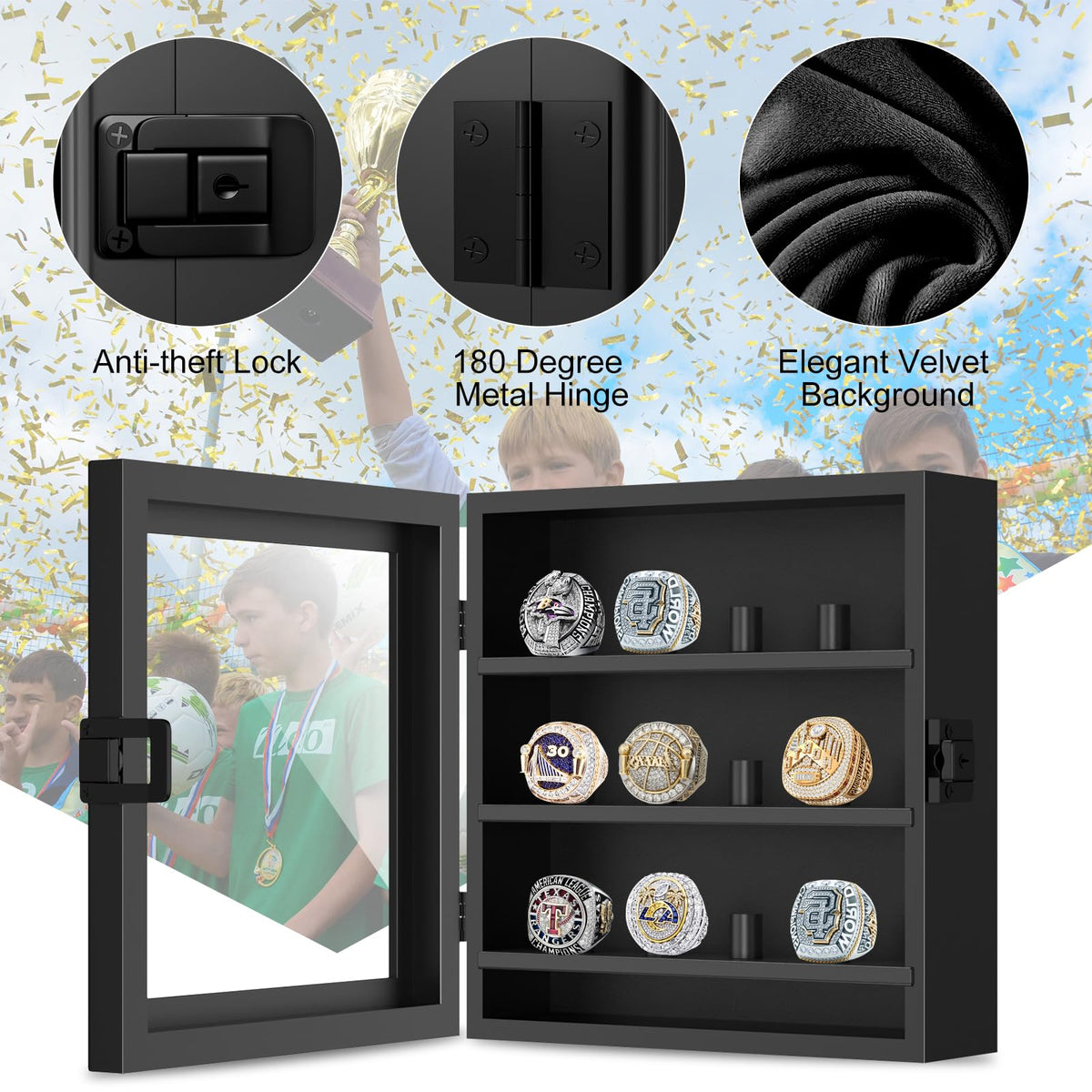 Championship Ring Display Case, 12 Ring Posts Baseball Ring Holder, Wall Mount Wooden Shadow Box for Multiple Championship Rings