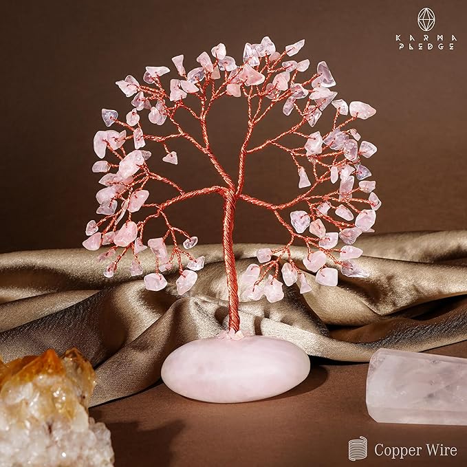 Rose Quartz Crystal Tree of Life Birthday Gifts for Women, Mom, Aesthetic Home Decoration, Office Desk Decor, Bonsai Feng Shui Chakra Tree for Positive Energy, Good Luck, Money, Reiki Healing Stone