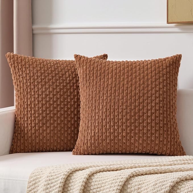 Kevin Textile Euro Sham Pillow Covers 28x28 Inch 2 Packs Soft Boho Striped Corduroy Decorative Throw Pillows for Living Room Couch Bed Sofa Rustic Farmhouse Home Decor 71x71cm Burnt Orange