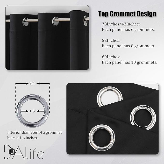 DUALIFE Blackout Curtains 60 inches Wide x 90 inches Long 2 Panels - Grommet Wall Divider Drapes Thermal Insulated Curtains for Bedroom Doorway, Black Color