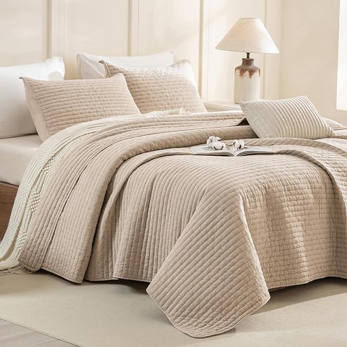 Sanracie 100% Cotton Oversized King Quilt (120"x120"), Warm Taupe Colored Cross Stitch Pattern Quilt Bedding Set 3Pcs Ultra Soft Cozy California King Bed Coverlet Set for All Season