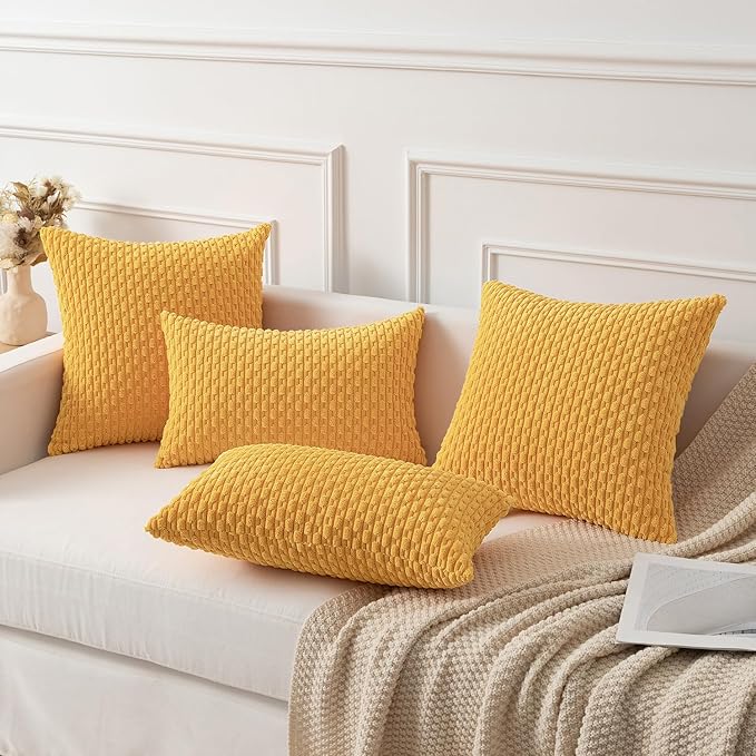 Kevin Textile 2 Packs Decorative Throw Pillow Covers for Couch Striped Velvet Boho Cushion Covers for Chair 40x40 cm 16 x 16 Inch Yellow
