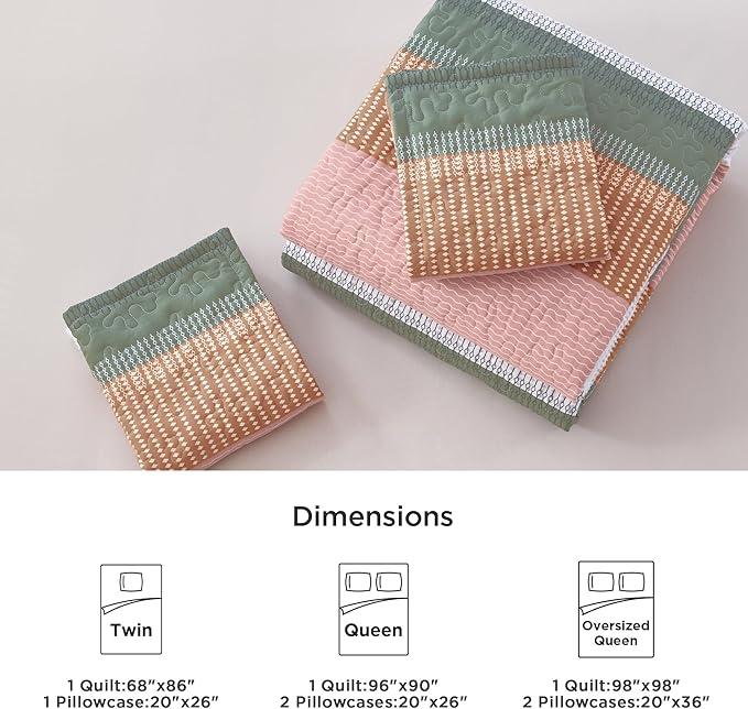 Litanika Quilt Queen Size Pink, Green and White, Orange Stripe Patchwork Summer Bedspread Coverlet 3 Pieces, Soft Lightweight Microfiber Comforter Bedding Set for All Season(1 Quilt, 2 Pillowcases)