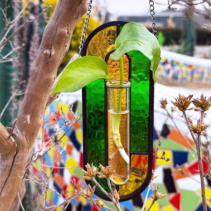 LITMIND Multi-Color Stained Glass Propagation Station - Handcrafted Translucent Suncatcher Planter with 2 Tubes, Hanging Hydroponic Décor for Windows & Garden