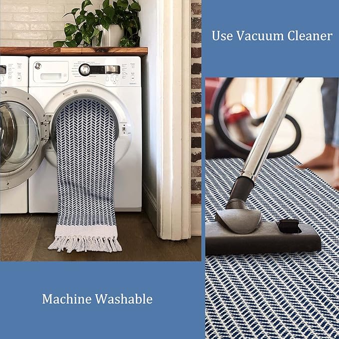 Lahome Boho Bedroom Rug, 3x5 Kitchen Rug Lightweight Rugs for Entryway Living Room Woven Washable Area Rug with Tassels, Farmhouse Navy Blue Throw Rugs Non Shedding Floor Carpet for Living Bedroom