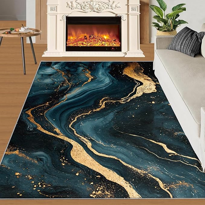 Marble Washable Area Rugs 5x7 Non-Slip Fluid Art Living Room Rug Gold Lines Soft for Carpet Low Pile Indoor Door Mat & Room Decor