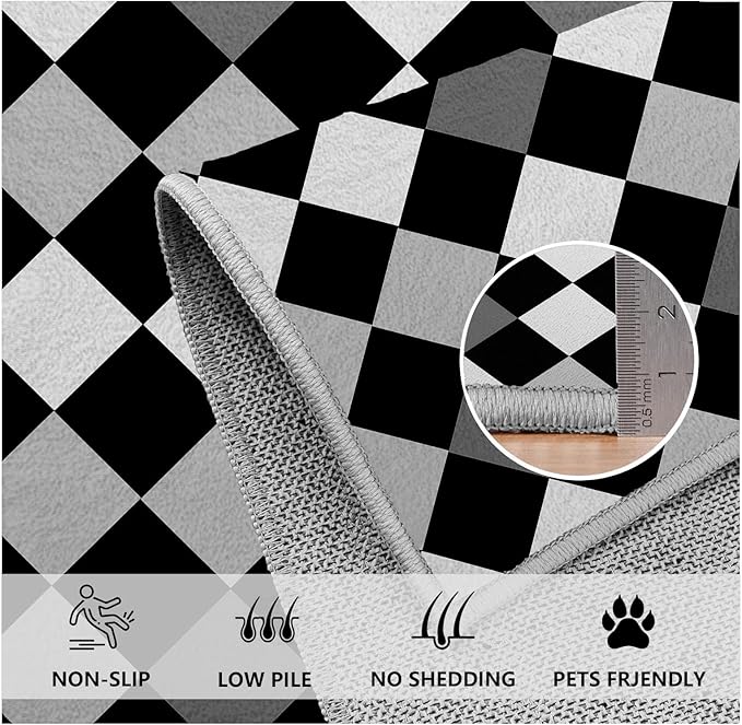 Black and White Rug 6x9, Rhombus Geometric Soft Ultra Soft Faux Wool Low Pile Rug, Indoor Floor Mats Carpet, Non-Slip Stain Resistant Washable Rugs, Modern Abstract Checkered Rugs for Living Room