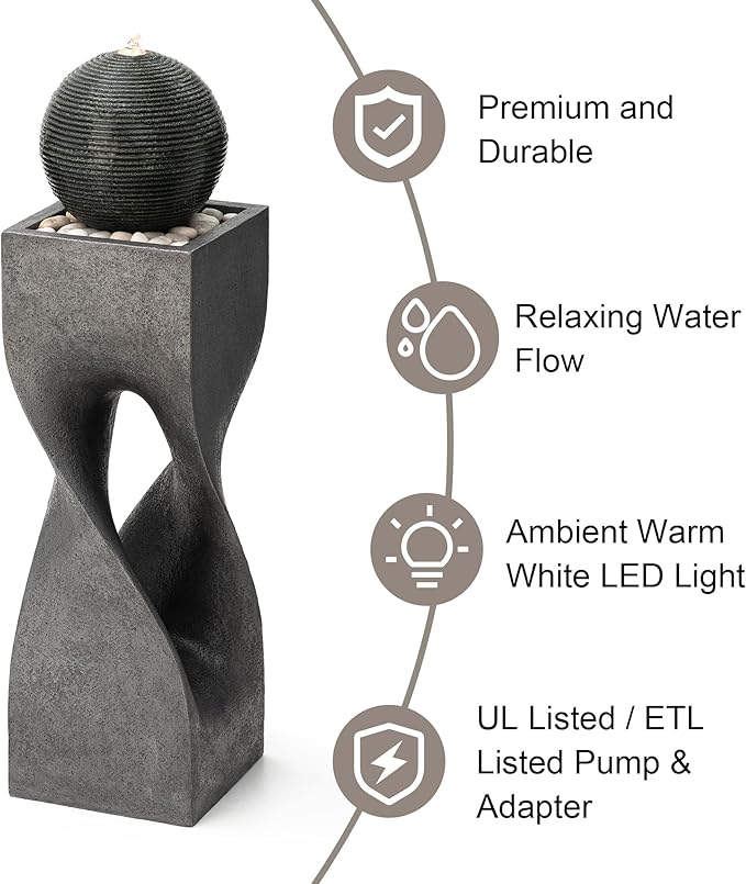 Glitzhome Modern Geometric Outdoor Water Fountain with LED Light, Oversized Pedestal Water Fountains with Submersible Pump, Sphere Floor Standing Fountain with Pebbles for Garden Patio Decor, 40.5”H