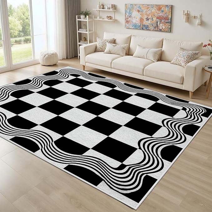 Checkered Area Rug, Checkerboard Rug 5x8, Geometric Plaid Washable Rugs, Modern Checkered Area Rugs, Wavy Line Carpet Non Slip for Bedroom Retro Home Decor Mat