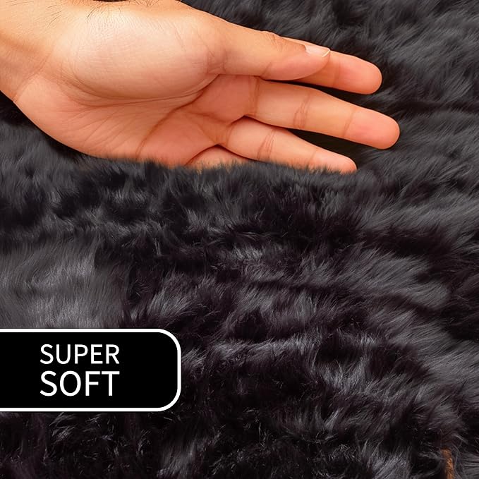 Super Area Rugs Ultra Soft & Fluffy Faux Sheepskin Rug, Black 2 x 6 Feet Sheepskin Carpet for Bedroom Living Room