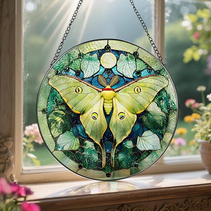 Luna Moth Sun Catcher, 8 Inch Stained Glass Suncatcher, Stained Glass Window Hanging, Luna Moth Indoor Decor, Idea Gift, Gift Exchange
